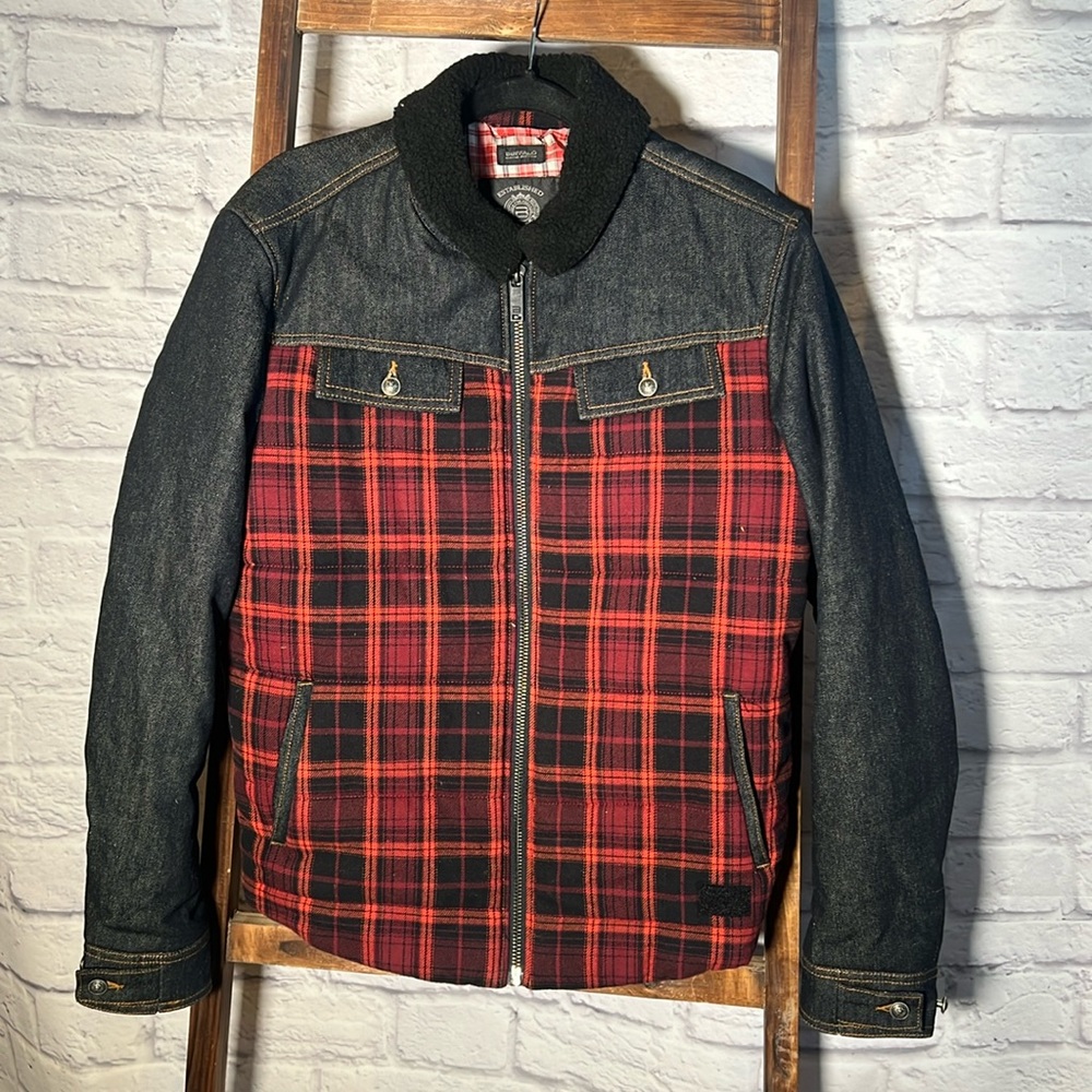 Men’s Buffalo denim and Buffalo plaid jacket with collar- Sz. Medium